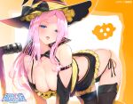 1girl alicesoft all_fours black_thighhighs blue_eyes blush breasts character_request cleavage copyright_name detached_sleeves escalation_heroines fang fang_out frilled_skirt frills halloween hat long_hair medium_breasts microphone official_art panties pink_hair side-tie_panties skirt thighhighs tongue tongue_out underwear witch witch_hat yaegashi_nan 