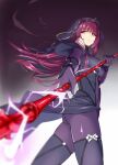  1girl bangs bodysuit breasts den_(kur0_yuki) elbow_gloves eyebrows_hidden_by_hair fate/grand_order fate_(series) gloves hair_ornament holding holding_polearm holding_weapon looking_at_viewer looking_back polearm purple_eyes purple_gloves purple_hair scathach_(fate) solo spear veil weapon 