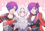  1boy 1girl 1other armor arval_(fire_emblem) asymmetrical_clothes bangs blush breasts cape choker cleavage closed_mouth dual_persona fire_emblem fire_emblem:_three_houses fire_emblem_heroes fire_emblem_warriors:_three_hopes fkms_szrr hair_bun hair_over_one_eye highres large_breasts long_hair looking_at_viewer medium_hair purple_hair red_eyes shez_(fire_emblem) shez_(fire_emblem)_(female) shez_(fire_emblem)_(male) short_hair simple_background single_hair_bun white_hair 