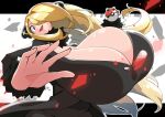  1girl black_coat black_pants black_shirt blonde_hair breasts cleavage coat cynthia_(pokemon) fur-trimmed_coat fur_collar fur_trim gigantic_breasts grey_eyes hair_ornament hair_over_one_eye long_hair long_sleeves pants pokemon pokemon_(game) pokemon_dppt shirt solo toudori v-neck very_long_hair wavy_hair 