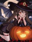  1girl ;p bangs bare_shoulders bead_bracelet beads black_headwear blush bracelet brown_coat brown_hair bug butterfly cheek_rest coat commentary cross-laced_clothes demon_wings elbow_rest feet_out_of_frame flower genshin_impact glowing hair_between_eyes halloween halloween_costume hat highres hu_tao_(genshin_impact) jewelry kneeling long_hair long_sleeves looking_at_viewer moon night night_sky one_eye_closed plum_blossoms pumpkin red_eyes red_flower sidelocks sky solo star_(sky) starry_sky thighhighs tongue tongue_out twintails very_long_hair vickie_(cryingrobot) white_garter_straps white_thighhighs wings witch_hat 