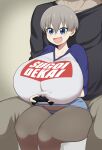  1boy 1girl :d blue_eyes breasts brown_pantyhose chamchami clothes_writing controller fang game_controller grey_hair head_out_of_frame holding holding_controller holding_game_controller huge_breasts miniskirt paid_reward_available panties pantyhose raglan_sleeves short_hair shortstack sitting sitting_between_lap sitting_on_lap sitting_on_person skin_fang skirt smile solo striped striped_panties sugoi_dekai thick_thighs thighs underwear upskirt uzaki-chan_wa_asobitai! uzaki_hana 