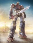  absurdres building choudenji_machine_voltes_v clenched_hand cloud eko999 english_commentary full_body highres holding holding_sword holding_weapon looking_ahead mecha no_humans orange_eyes robot science_fiction sky solo super_robot sword voltes_v_(mecha) weapon 