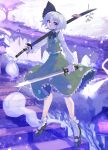  2girls absurdres black_footwear cherry_blossoms dual_wielding full_body green_vest highres holding katana konpaku_youmu konpaku_youmu_(ghost) long_sleeves marnie_(pokemon) multiple_girls novadada saigyouji_yuyuko short_hair skirt skirt_set socks sword touhou vest weapon white_hair 