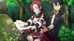  1boy 1girl black_eyes black_hair blue_eyes cat day forest hair_ornament hairclip highres medina_orthinanos moss nature non-web_source outdoors red_hair rock sunlight sword_art_online tagme 