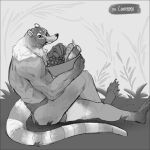  2022 anthro biped bulge claws clothed clothing coati custapple digital_media_(artwork) eating food fruit grape greyscale hi_res looking_at_viewer male mammal monochrome muscular muscular_anthro muscular_male plant procyonid sitting solo toe_claws underwear underwear_only 