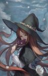  1girl absurdres buttons covered_mouth covering_mouth flower flower_ring hat highres holding holding_flower long_hair long_sleeves looking_at_viewer original pointy_hat purple_flower red_hair wavy_hair white_flower witch witch_hat yasu_(segawahiroyasu) 