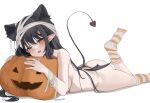  1girl absurdres animal_ears ass bandaged_arm bandaged_head bandages bangs black_hair blush cat_ears commentary copyright_request demon_girl demon_tail demon_wings fang food-themed_hair_ornament hair_ornament haku_(liiixixixiii) halloween highres leg_up long_hair looking_at_viewer loose_bandages loose_socks low_wings lying mole mole_under_eye on_stomach open_mouth orange_eyes pointy_ears pumpkin pumpkin_hair_ornament simple_background socks solo striped striped_socks tail thong topless underwear underwear_only white_background wings 