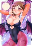  1girl arakawa_tarou blush breasts brown_hair capcom character_request cleavage commentary_request copyright_request cosplay glasses happy highres looking_at_viewer medium_breasts medium_hair morrigan_aensland morrigan_aensland_(cosplay) open_mouth smile solo standing vampire_(game) wings 