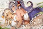  3girls :o anniversary blonde_hair blue_skirt blush breasts cruel_gz dark-skinned_female dark_skin grey_hair hair_between_eyes hair_ribbon highres large_breasts looking_at_viewer maid_headdress multiple_girls one_eye_closed orange_ribbon pointy_ears ponytail red_eyes red_ribbon ribbon sennen_sensou_aigis shiny shiny_hair skirt solais_(sennen_sensou_aigis) thighs tuan_(sennen_sensou_aigis) wrist_cuffs yuri yuugen_(sennen_sensou_aigis) 