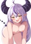  1girl :d absurdres ahoge blush commentary_request fang grey_hair hashira_14 highres hololive huge_horns la+_darknesss long_hair looking_at_viewer multicolored_hair nipples nude pointy_ears purple_hair simple_background skin_fang smile solo streaked_hair striped_horns virtual_youtuber white_background yellow_eyes 