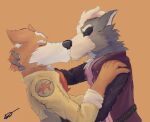  anthro brown_body brown_fur clawed_fingers claws clothing cwasaunt eye_patch eyes_closed eyewear fox_mccloud fur grey_body grey_fur hair hand_on_head hand_on_shoulder hi_res jacket kissing male male/male nintendo scar scarf simple_background star_fox topwear video_games white_body white_fur wolf_o&#039;donnell 