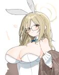  1girl akane_(blue_archive) akane_(bunny)_(blue_archive) animal_ears blue_archive blush bow bowtie breasts brown_eyes cleavage closed_mouth detached_collar fake_animal_ears glasses gloves halo heart highres kokaki_mumose large_breasts leotard light_brown_hair long_hair looking_at_viewer playboy_bunny rabbit_ears shawl simple_background solo strapless strapless_leotard upper_body white_background white_gloves white_leotard 