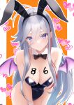  1girl 86_-eightysix- absurdres ahoge alternate_costume animal_ears antenna_hair bangs bare_shoulders bat_wings black_bow black_bowtie black_hairband black_leotard blue_eyes body_writing bow bowtie breasts cleavage closed_mouth commentary_request covered_navel detached_collar fake_animal_ears grey_hair groin hair_between_eyes hairband halloween halloween_costume heart heart_background highleg highleg_leotard highres kamina0205 leotard long_hair looking_at_viewer medium_breasts multicolored_hair paid_reward_available pillarboxed playboy_bunny purple_wings rabbit_ears smile solo streaked_hair very_long_hair vladilena_millize wings wrist_cuffs 