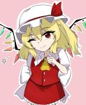  1girl ;) ascot blonde_hair closed_mouth crystal erakokyu01 flandre_scarlet hat hat_ribbon looking_at_viewer medium_hair mob_cap one_eye_closed one_side_up outline pink_background pointing pointing_at_self red_eyes red_ribbon red_skirt red_vest ribbon short_sleeves simple_background skirt smile solo touhou vest white_headwear white_outline wings yellow_ascot 