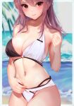  1girl absurdres airport96 alice_gear_aegis beach bikini black_bikini blush commentary highres looking_at_viewer ocean orange_eyes pink_hair solo swimsuit two-tone_bikini white_bikini yotsuya_yumi 