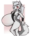  2022 anthro belly big_belly bikini blush bra breasts canid canine clothing dima_(artist) erect_nipples female fur grey_body grey_fur grey_hair hair helluva_boss hi_res long_hair looking_down loona_(helluva_boss) mammal nipples pregnant red_sclera side_view simple_background sling_bikini solo swimwear underwear were werecanid werecanine werewolf white_body white_fur 