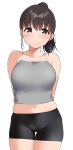  1girl arms_behind_back bike_shorts black_hair blush breasts brown_eyes camisole closed_mouth commentary_request grey_camisole large_breasts looking_at_viewer midriff navel original ponytail short_hair simple_background solo sweatdrop tera_zip thighs white_background 