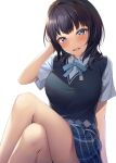  1girl :d adjusting_hair arm_up asaka_karin black_hair blue_eyes blush breasts crossed_legs highres large_breasts love_live! love_live!_nijigasaki_high_school_idol_club medium_hair neck_ribbon nijigasaki_academy_school_uniform oku_1225 parted_lips plaid plaid_skirt ribbon school_uniform shirt short_sleeves simple_background sitting skirt smile solo thighs vest white_background 