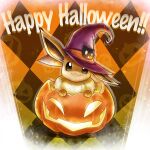  :3 brown_eyes closed_mouth commentary_request eevee happy_halloween hat hatted_pokemon jack-o&#039;-lantern looking_at_viewer no_humans pokemon pokemon_(creature) purple_headwear saitou_kouki smile solo witch_hat 