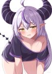  1girl absurdres ahoge areola_slip black_shirt blush breasts commentary_request grey_hair hashira_14 highres hololive huge_horns la+_darknesss long_hair looking_at_viewer multicolored_hair pointy_ears purple_hair shirt simple_background small_breasts solo streaked_hair striped_horns v-shaped_eyebrows virtual_youtuber white_background yellow_eyes 