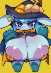  anthro big_breasts blue_body blue_eyes blush breasts clothed clothing eeveelution female generation_4_pokemon glaceon hat headgear headwear huge_breasts looking_at_viewer nekoyuu nintendo pokemon pokemon_(species) pokemorph solo thick_thighs video_games witch_hat 