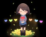  1girl bangs black_background black_shorts blue_sweater boots brown_hair closed_eyes flower frisk_(undertale) heart long_sleeves looking_at_viewer rainbow_order short_hair short_shorts shorts striped striped_sweater sweater undertale xox_xxxxxx yellow_flower 