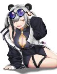  1girl absurdres animal_ears arknights black_nails breasts china_dress chinese_clothes cleavage_cutout clothing_cutout covered_navel dress eyewear_on_head feater_(arknights) grey_hair hair_over_one_eye highres jacket large_breasts panda_ears red_eyes slit_pupils sunglasses takariyo thigh_strap twintails white_background 