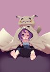  1girl acerola_(pokemon) bangs barefoot blush character_print collarbone commentary_request dress eyelashes feet grey_dress grey_eyes looking_at_viewer maidforge mimikyu multicolored_clothes multicolored_dress one_eye_closed open_mouth pokemon pokemon_(game) pokemon_sm purple_hair sitting smile soles solo stitches strapless strapless_dress toes 