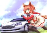  1girl :d animal_ears aston_machan_(umamusume) aston_martin aston_martin_db9 black_bow black_bowtie black_thighhighs bow bowtie breasts brown_hair car crown green_eyes ground_vehicle highres horse_ears horse_girl horse_tail large_breasts medium_hair motor_vehicle name_connection object_namesake running shunaberu sideways_glance smile solo tail thighhighs umamusume 