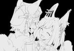  2girls :d ^_^ animal_ears arknights ashlock_(arknights) black_background blush closed_eyes ear_covers ear_tag earpiece face-to-face flametail_(arknights) greyscale hands_on_another&#039;s_shoulders highres long_hair mechanical_owl monochrome multiple_girls open_mouth oripathy_lesion_(arknights) portrait simple_background smile squirrel_ears squirrel_girl squirrel_tail sweat tail visor_(armor) visor_lift 