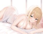  1girl bare_shoulders bed_sheet blonde_hair breasts cleavage closed_mouth dress green_eyes large_breasts long_hair lying on_stomach original sleepwear smile solo spaghetti_strap thighs waking_up wasami_(a27678193a) white_dress 