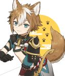  1boy animal_ears aqua_eyes bangs black_gloves brown_hair closed_mouth dog_boy dog_ears dog_tail genshin_impact gloves gorou_(genshin_impact) hair_between_eyes hair_ornament japanese_clothes male_focus multicolored_hair panri pants paw_print smile streaked_hair tail white_hair 