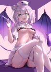  +_+ 1girl :d absurdres azur_lane bangs bat_wings black_bra black_panties bra breasts classic_(zildjian33) commentary cross-laced_clothes cross-shaped_pupils crossed_legs demon_tail demon_wings garter_straps gloves green_eyes grey_hair hair_between_eyes hair_bun hand_on_own_knee hat heart heart_print highres holding holding_syringe indoors looking_at_viewer manchester_(azur_lane) manchester_(midnight_devil_in_white)_(azur_lane) medium_breasts navel nurse_cap official_alternate_costume one_side_up open_mouth panties puffy_short_sleeves puffy_sleeves short_hair short_sleeves shrug_(clothing) sidelocks single_hair_bun sitting skindentation skirt smile solo stomach symbol-shaped_pupils syringe tail teeth thighhighs underboob underwear upper_teeth white_gloves white_skirt wings 