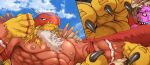  2022 5_fingers anthro bandai_namco bodily_fluids cloud digimon digimon_(species) digital_media_(artwork) female fingers garudamon hi_res larger_female macro male muscular muscular_anthro muscular_female open_mouth size_difference size_play sky smaller_male sweat tan_(artist) 