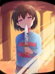 1girl bangs black_shorts blue_sweater brown_hair frisk_(undertale) half-closed_eyes head_tilt holding holding_knife indoors knife light_rays long_sleeves looking_at_viewer purple_eyes red_eyes short_hair short_shorts shorts smile striped striped_sweater sunbeam sunlight sweater undertale xox_xxxxxx 