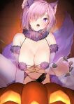  1girl absurdres animal_ears bangs bare_shoulders blush breasts cleavage cosplay elbow_gloves fate/grand_order fate_(series) fur_trim gloves hair_over_one_eye highres jack-o&#039;-lantern large_breasts looking_at_viewer mash_kyrielight mash_kyrielight_(dangerous_beast) navel open_mouth pink_hair purple_eyes purple_gloves purple_hair purple_tail revealing_clothes short_hair solo tail teeth thighhighs tomozero upper_teeth wolf_ears wolf_tail 