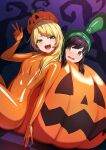  2girls :d blonde_hair blush bodysuit breasts brown_eyes commentary_request fang green_eyes halloween halloween_costume highres jack-o&#039;-lantern latex latex_bodysuit looking_at_viewer multiple_girls original pumpkin_hat purinpu shiny shiny_clothes skin_tight small_breasts smile v 
