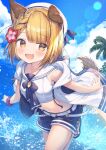  1girl :d animal_ears bangs blonde_hair blue_sky blush cloud commentary_request dog_ears fang granblue_fantasy highres looking_at_viewer navel official_alternate_costume open_mouth outdoors palm_tree purple_scrunchie scrunchie short_hair skin_fang sky smile solo topia tree vajra_(granblue_fantasy) vajra_(summer)_(granblue_fantasy) wrist_scrunchie 