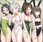  4girls amagi_(kancolle) animal_ears asymmetrical_hair bare_legs black_bow black_bowtie black_hair black_leotard blue_eyes bow bowtie braid breast_envy breasts brown_eyes brown_hair cleavage commentary_request commission cowboy_shot detached_collar green_leotard highleg highleg_leotard highres kantai_collection katsuragi_(kancolle) leotard long_hair medium_breasts multiple_girls parted_lips playboy_bunny ponytail rabbit_ears red_bow red_bowtie sagace short_hair_with_long_locks single_braid skeb_commission small_breasts strapless strapless_leotard taihou_(kancolle) unryuu_(kancolle) very_long_hair white_hair white_leotard wrist_cuffs yellow_bow yellow_bowtie 