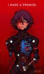  1girl android black_hair blood blood_on_chest blood_on_face blue_eyes broken broken_wires crack cyberpunk damaged elster_(signalis) english_text hair_between_eyes highres kidakash mechanical_parts metal_skin one_eye_closed parted_lips red_background ribs science_fiction signalis 