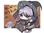  2girls =_= animal_ears bandages bangs basket bat_(animal) bow breasts candy chibi cleavage commentary_request ear_bow eyes_visible_through_hair food full_body full_moon genderswap genderswap_(mtf) green_bow grey_footwear grey_headwear grey_shirt grey_skirt grey_thighhighs halloween halloween_costume hat highres holding holding_basket horse_ears horse_girl horse_tail kawamochi_(tddm3573) looking_at_viewer mejiro_family_matriarch mejiro_titan_(racehorse) mole mole_under_eye moon multiple_girls mummy_costume naked_bandage original outline outside_border outstretched_arms personification purple_hair red_eyes see-through see-through_legwear shiny shiny_hair shirt silhouette skirt tail thighhighs tombstone translated umamusume veil witch_hat wrist_cuffs zettai_ryouiki 