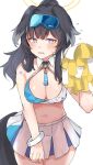  1girl animal_ears bare_shoulders black_hair blue_archive blush breasts cheerleader cleavage commentary_request dog_ears dog_girl dog_tail flying_sweatdrops goggles goggles_on_head halo hand_up hibiki_(blue_archive) hibiki_(cheerleader)_(blue_archive) highres long_hair looking_at_viewer medium_breasts navel nyakonro_(nekonro) official_alternate_costume parted_lips pleated_skirt pom_pom_(cheerleading) ponytail purple_eyes simple_background skirt solo stomach tail wavy_mouth white_background white_skirt 