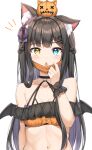  1girl animal_ear_fluff animal_ears bangs bare_shoulders bat_wings black_choker black_hair black_wings blue_eyes blush bow braid breasts cat_ears choker collarbone commentary_request crop_top hair_bow hair_ornament hairclip halloween heterochromia highres jack-o&#039;-lantern keiran_(ryo170) long_hair looking_at_viewer low_wings mask mask_pull medium_breasts mouth_mask navel notice_lines o-ring original parted_lips purple_bow simple_background solo upper_body very_long_hair white_background wings yellow_eyes 