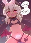  1girl :d animal_ear_fluff animal_ears black_gloves blonde_hair blurry blurry_background blush commentary_request curtains demon_girl demon_horns demon_tail demon_wings depth_of_field elbow_gloves fang gloves half-closed_eyes heart heart-shaped_pupils highres horns indoors long_hair looking_at_viewer low_wings masurao_(sekaiju) masurao_2_(sekaiju) naga_u navel ponytail pubic_tattoo rabbit_ears red_wings revealing_clothes sekaiju_no_meikyuu sekaiju_no_meikyuu_5 short_eyebrows smile solo straddling symbol-shaped_pupils tail tattoo thick_eyebrows trick_or_treat very_long_hair wings 