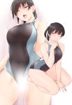  1girl amagami bangs barefoot between_legs black_hair breasts commentary_request competition_swimsuit covered_navel full_body hand_between_legs highres kneeling looking_at_viewer medium_breasts one-piece_swimsuit one_eye_closed ponytail sasaki_akira_(ugc) solo swimsuit tsukahara_hibiki 
