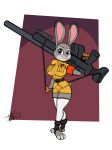  anthro armband bottomwear clothing cosplay disney female freckles_(artist) fur grey_body grey_fur gun hellsing hellsing_ultimate hi_res judy_hopps lagomorph legwear leporid mammal rabbit ranged_weapon rifle rifle_sling simple_background skirt smile solo stockings toeless_legwear uniform weapon wide_eyed zootopia 