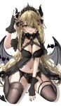  1girl :d absurdres alternate_costume babydoll bat_wings black_garter_belt black_gloves black_nails black_panties black_wings blonde_hair breasts demon_girl demon_tail demon_wings eyepatch fangs fingerless_gloves fischl_(genshin_impact) full_body garter_belt genshin_impact gloves green_eyes halloween halloween_costume high_heels highres lingerie long_hair looking_at_viewer medium_breasts navel open_mouth panties raiya_atelier sitting smile solo stomach tail thighs tiara two_side_up underwear very_long_hair wariza wavy_hair wings 