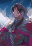  1boy armor black_eyes black_hair blood blood_from_mouth blood_on_clothes blood_on_face cloak constantine_xi_(fate) day earrings fate/grand_order fate_(series) gloves hair_between_eyes hand_on_hilt highres jewelry light_smile long_hair looking_at_viewer male_focus profile royst sideways_glance smoke solo tassel upper_body white_armor white_cloak white_gloves 