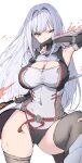  1girl arm_guards armor bangs black_gloves blue_eyes breasts cleavage cleavage_cutout clothing_cutout elbow_gloves ethel_(xenoblade) fingerless_gloves fire gloves grey_hair grey_thighhighs haoni highres large_breasts leotard long_hair looking_at_viewer pauldrons polearm shoulder_armor solo spear thighhighs thighs weapon xenoblade_chronicles_(series) xenoblade_chronicles_3 